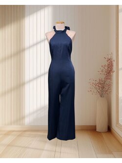 (PRE-LOVED) จั๊มพ์สูทสีน้ำเงิน ผูกโบว์คล้องคอ เรียบหรู ไซส์ S