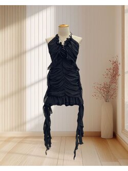 เดรสสั้นสีดำ สไตล์เวียดนาม ผูกโบว์ ผ้าห้อยพริ้วๆ ไซส์ L