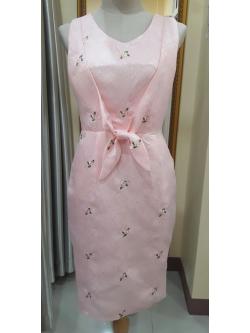 ชุดราตรีสั้นสีชมพูแขนกุดเอวโบว์ผ้าปักลาย (S)