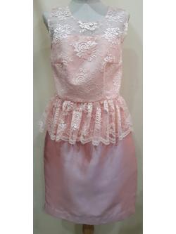 ชุดเสื้อลูกไม้สีโอรส+กระโปรงทรงสอบสีโอรส (Size : XL)