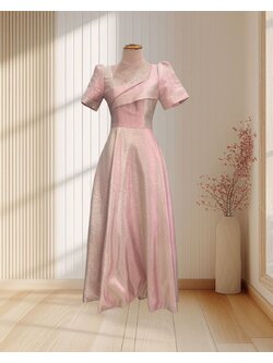 (PRE-LOVE) ราตรียาวสีชมพูกลิตเตอร์กระโปรงบาน M