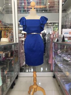 (PRE-LOVED) ราตรีสั้นสีน้ำเงินปาดไหล่แขนระบาย (S)