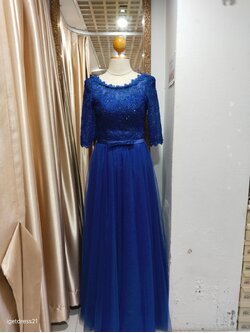 ราตรียาวสีน้ำเงินสานหลังลูกไม้แขน3ส่วน M