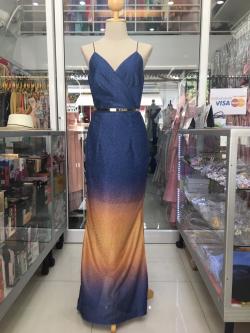 (PRE-LOVED) ราตรียาวสีน้ำเงินสายเดี่ยวกลิตเตอร์ปลายทอง (M)