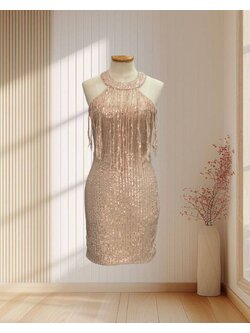 ราตรีสั้นสีทอง ปักเลื่อม แต่งสายระบายช่วงอก ไซส์ S