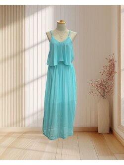 เดรสยาวสีฟ้า สายเดี่ยว แต่งระบาย ผ้าชีฟอง ไซส์ L