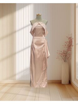 (PRE-LOVED) ราตรียาวสีแชมเปญ สายเดี่ยวปาดไหล่ เอวระบาย ไซส์ L