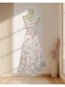 เดรสสีขาว สายเดี่ยว ผ้าแก้ว ลายดอกไม้ ไซส์ XL