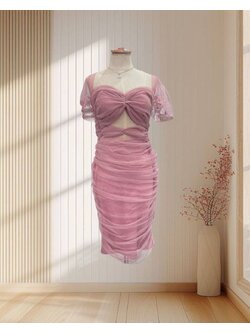 เดรสสั้นสีชมพู ผ้ามุ้ง แต่งจีบเซ็กซี่ ไซส์ M