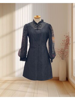 เดรสสั้นสีดำ แขนยาวผ้ามุ้ง คอจีน ไซส์ M