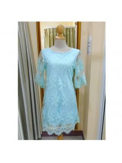 เดรสลูกไม้สีเขียวมีแขน(M)