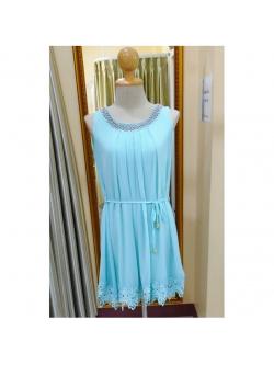 ราตรีสั้นเรียบๆชายลูกไม้เชือกผูกเอวสีเขียวมิ้น(ฟรีไซส์)