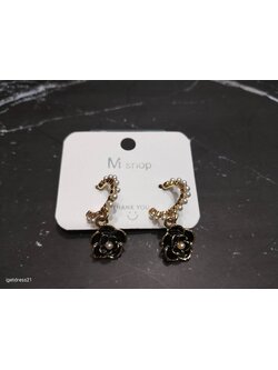 ต่างหูดอกไม้ห้อยสีดำทองมีมุก