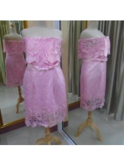 ราตรีสั้นชมพูลูกไม้ปาดไหล่(2XL)