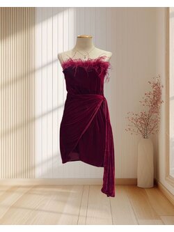 (PRE-LOVED)ราตรีสั้นสีแดง เกาะอกกำมะหยี่ แต่งขนนก สาวเปรี้ยว เซ็กซี่ ไซส์ XS