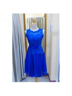 ราตรีสั้นอกลูกไม้เอวโบว์หลังผูกโบว์สีน้ำเงิน(ฟรีไซส์)