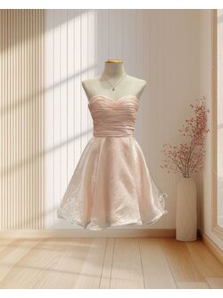 (PRE-LOVED) ราตรีสั้นสีโอรส ้เกาะอก กระโปรงผ้าแก้วแบบเจ้าหญิง ไซส์ XS