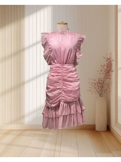 (NEW) เดรสสั้นสีชมพู แขนกุด แต่งปกระบาย กระโปรงขยุ้ม ไซส์ XL