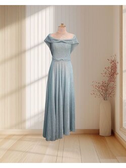 (PRE-LOVED) ราตรียาวกลิตเตอร์ปาดไหล่สม็อคหลัง F มือ2