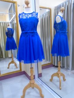 ราตรีสั้นอกลูกไม้เอวโบว์ซิปหลังสีน้ำเงิน(S)