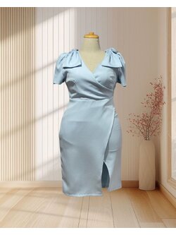 (PRE-LOVED) ชุดราตรีสั้น แขนสั้น โบว์ใหญ่ 2ข้าง ผ้าผ้ามอสเครปหนาXL