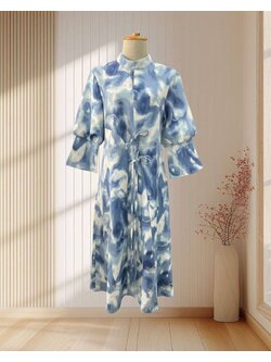 เดรส 3 ส่วน สีฟ้ามัดย้อม แขนยาว ทรงจีน แต่งเชือกผูกโบว์ด้านหน้า ไซส์ M