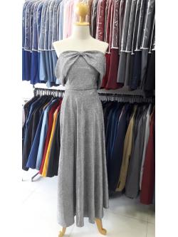 (PRE-LOVED) ราตรียาวปาดไหล่โบว์สีเทา ผ้าgliter (free-4xl ) มือ2