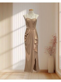 ราตรียาวสีน้ำตาลโอวัลติน สายเดี่ยว แต่งจีบระบายช่วงเอว ไซส์ S