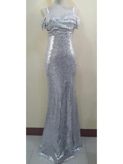 ชุดราตรียาวสีเงินผ้าเลื่อมปาดไหล่(S)