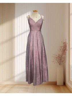 ราตรียาวสีชมพู ผ้ากลิตเตอร์ สายเดี่ยวไขว้หลัง ไซส์ M