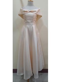 ชุดราตรียาวสีครีมปาดไหล่เอวโบว์(ฟรีไซส์) มือ2