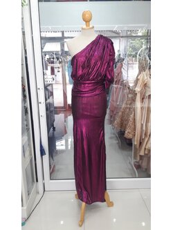 ยาวสีม่วงไหล่เบี่ยงเมทัลลิคกระโปรงรูด (M)