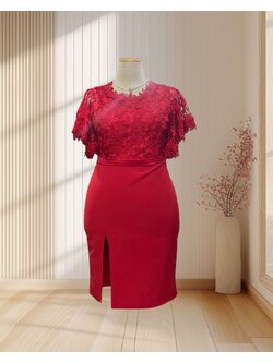 ชุดเดรสคุณแม่สีแดง ลูกไม้ระบายแขน กระโปรงผ้าฮานาโกะ ไซส์ 2XL