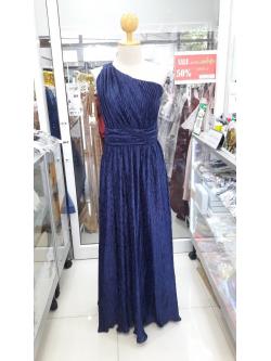 (PRE-LOVED) ยาวกรมซาตินอัดลายริ้วทรงกรีกบ่าเดี่ยวจับจีบเอว(M) มือ2