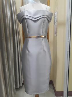 (PRE-LOVED) ชุดราตรีสั้นสีเทาเปิดบ่าปก2ชั้น (Size : S)