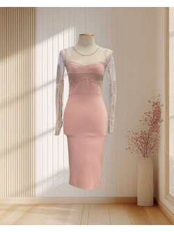 เดรสสั้นสีครีม แขนยาวผ้าซีทรู รัดรูป ไซส์ S