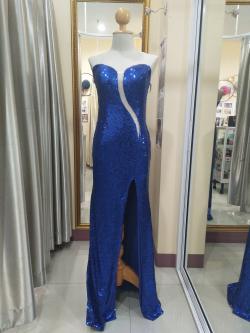 ราตรียาวสีน้ำเงินเกาะอกปักเลื่อมซีทรูตัวเอสแหวกหน้า (M)