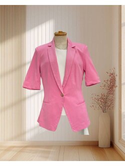 เสื้อสูทแขนสั้นสีชมพูบานเย็น กระดุมทอง สาว Y2K ไซส์ XL