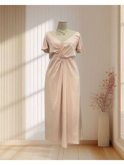 ราตรียาวสีชมพูนูด มีแขน ผ้าชีฟองพริ้วๆ ไซส์ 4XL