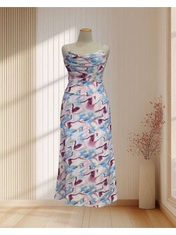 ราตรียาวสีฟ้าชมพู พิมพ์ลายกราฟฟิคสีสัน สายเดี่ยว คอถ่วงไซส์ 2XL