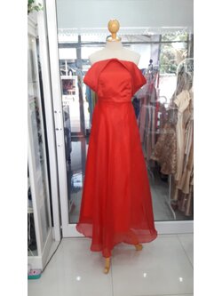 ยาวแดงปาดไหล่ผ้าแก้ว(ฟรีไซส์)