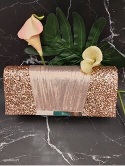 กระเป๋าคลัทซ์แต่งกลิตเตอร์คาดผ้าไหม+โซ่แชมเปญ