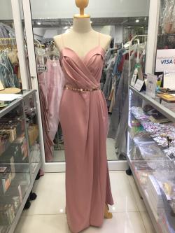 ราตรียาวสีชมพูสายเดี่ยวคอวีจีบหน้า (M) มือ2