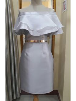 (PRE-LOVED) ชุดราตรีสั้นสีเทาอกระบายเเต่งผ้าเเก้วทรงสอบ (L)