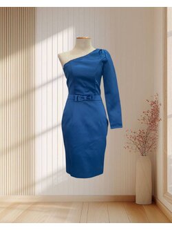 (PRE-LOVED) ราตรีสั้นสีน้ำเงิน บ่าเฉียงแขนยาว กระโปรงทรงสอบ ไซส์ XS