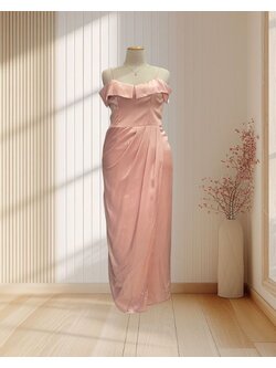 (PRE-LOVED) ราตรียาวสีโอรส สายเดี่ยว ปาดไหล่ จีบช่วงเอว ไซส์ 2XL