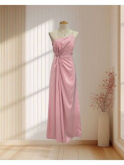 ราตรียาว สีชมพู บ่าเฉียงสายเดี่ยวเพชร แต่งขยุ้มเอว ไซส์ XL