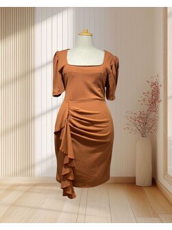 ชุดราตรีสั้นสีน้ำตาล เอวแต่งระบาย (2XL)