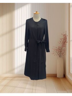 เดรสยาว สีดำ แขนยาว ผ้าหนา ผูกโบว์ตรงเอวไซส์ XL