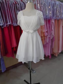 ราตรีสั้นมีแขนอกจีบเอวโบว์สีขาว(ฟรีไซส์)